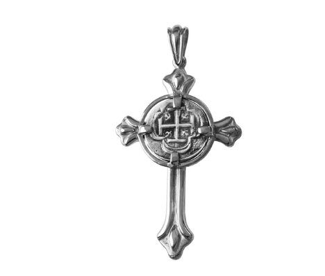 Shipwreck Atocha Silver 1/2" Replica Coin Cross Pendant